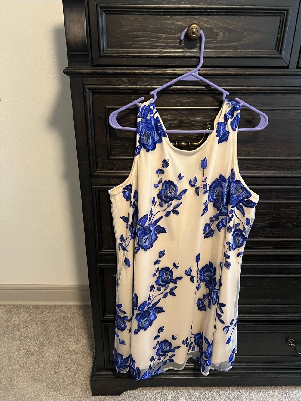 ECI Cream Mini Dress with Blue Floral Embroidery